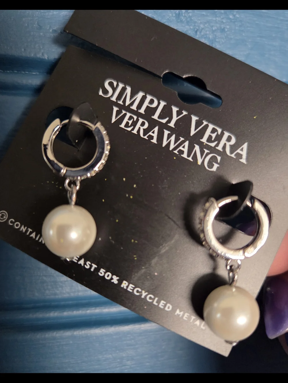 Simply Vera Vera Wang Silver Hoops with White Pearl Dangles and Rhinestone - Picture 3 of 4